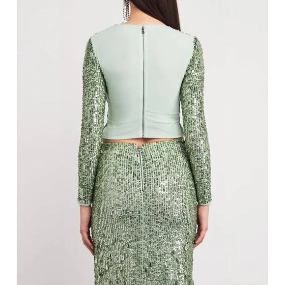 ALICE + OLIVIA Delaina Long Sleeve Sea Green Sequin Crop Top - Picture 2 of 14